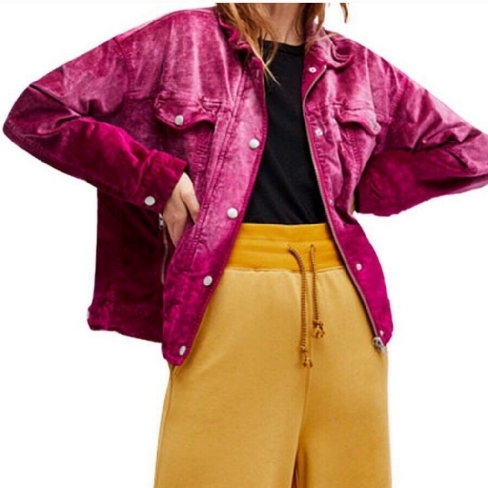 Free People Pink Velvet trucker denim jacket
